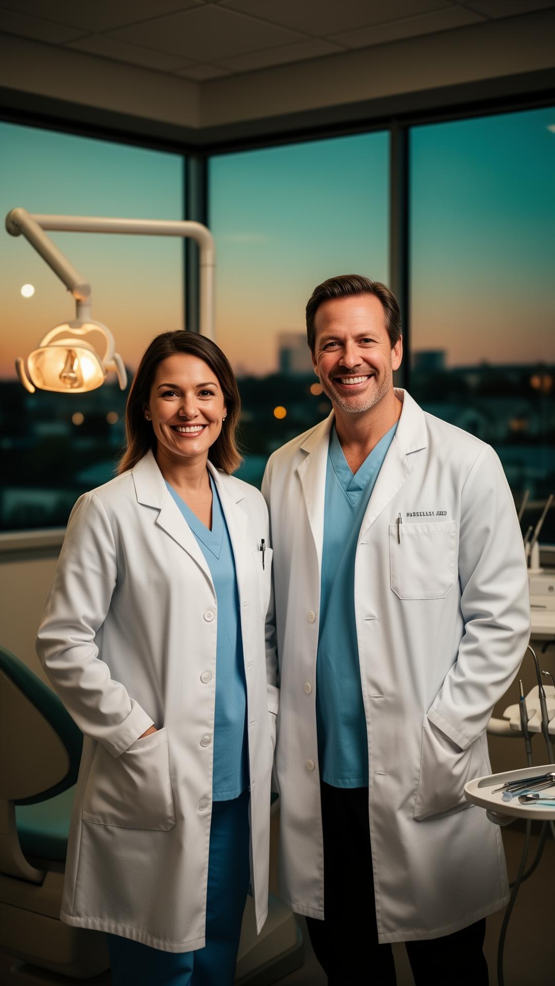 Two dental practice owners standing together inside a modern operatory at dusk