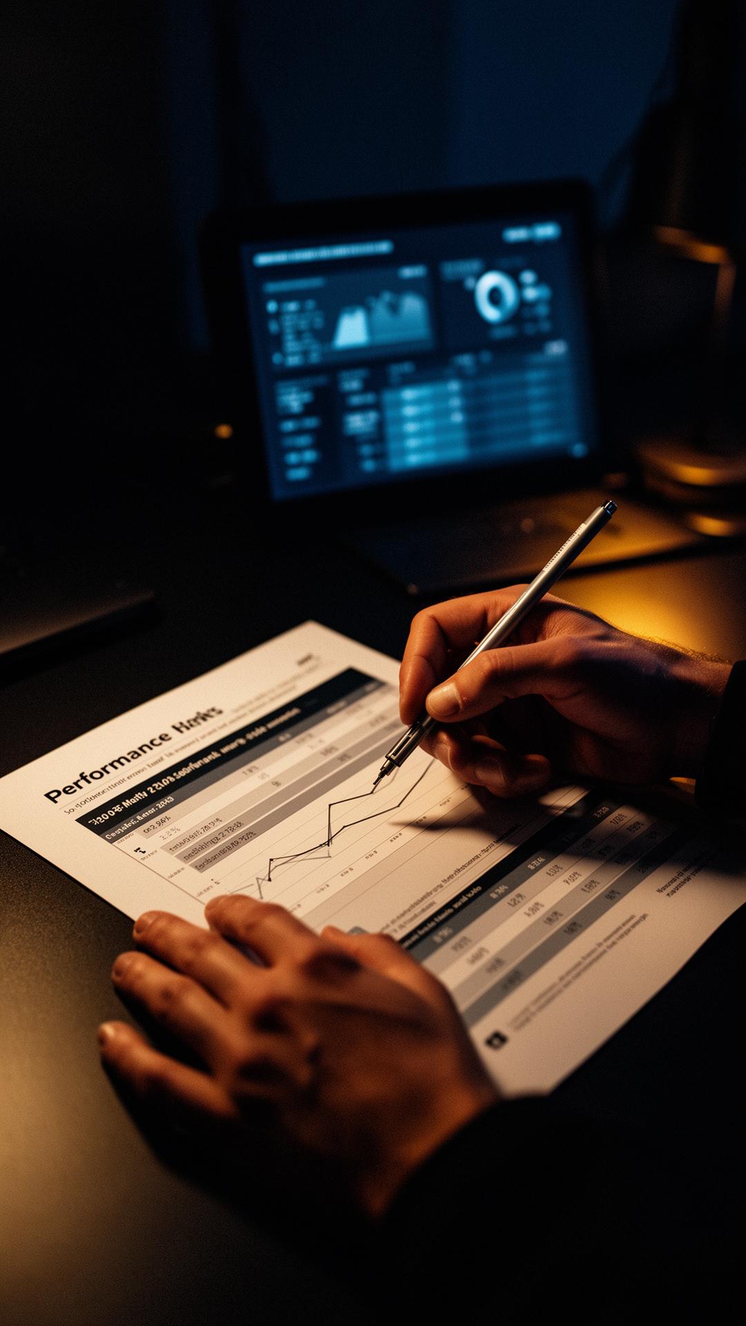 Hands annotating a printed monthly performance report next to a glowing dashboard